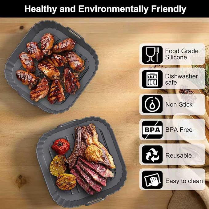 8.5 Inch Square Silicone Air Fryer Liners 2 Pack, Reusable Air Fryer Basket Liners for Ninja AF141 AF142 AF181, COSORI, Cuisinart, Chefman, Instant Air Fryer 5–6.5 QT