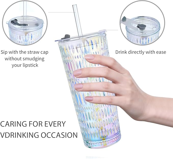 Puraville 2 Pack 18oz Glass Cups with Lids and Straws, Vintage Diamond Pattern Thickened Glassware for Whiskey Cocktail Beer, Mason Jar Drinking Glasses Tumbler Iced Coffee Cup, Rainbow
