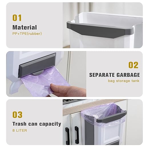 Hanging Kitchen Trash Can, Foldable Waste Bin for Kitchen, Collapsible Hang Small Plastic Garbage Can 2.4 Gallon for Cabinet/Car/Bedroom/Bathroom (White)