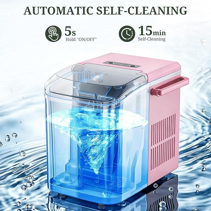 Ice Maker, Portable Ice Makers Countertop with Handle, Basket & Scoop, 26Lbs/24Hrs, 9 Bullet Ice Cubes in 6 Mins, 2 Ice Sizes, Self-Cleaning, Quiet Compact Ice Machine for Home Kitchen Party, Pink