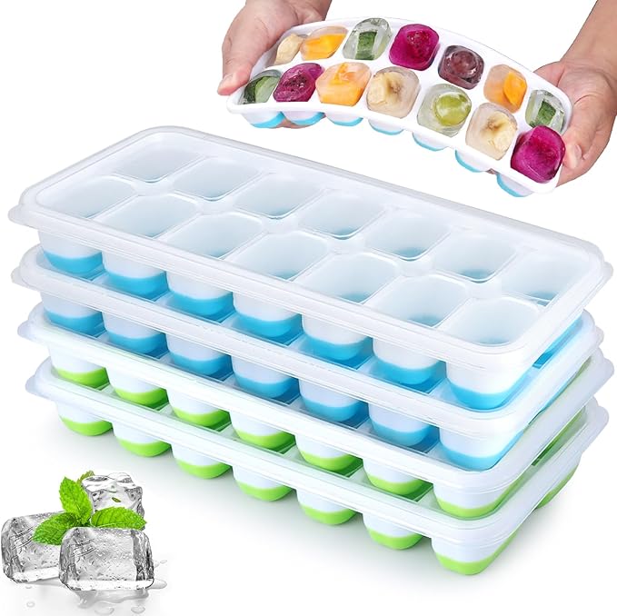 Silicone Ice Cube Tray, 4 Pack Easy-Release & Flexible 14-Ice Cube Trays with Spill-Resistant Removable Lid, Stackable Ice Trays with Covers for Freezer, Cocktail, Blue and Green