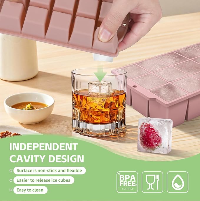 Silicone Ice Cube Tray with Locks Lids, Easy Release Flexible 15 Square Ice Trays for Freezer, Stackable & Reusable Ice Cube Mold for Whiskey, Cocktails, Baby Food, BPA Free, 2 Pack (Pink)