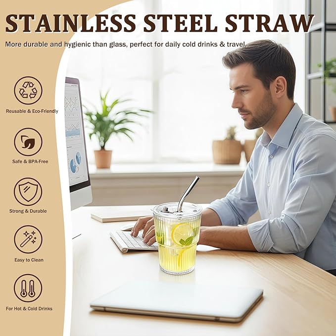 8 Packs Ribbed Glass Tumbler with Lid and Straw Ice Coffee Cup Kitchen Gadgets First Apartment Essentials New Home Must Haves Things Stuff Accessories House Warming Housewarming Hostess Host Gift