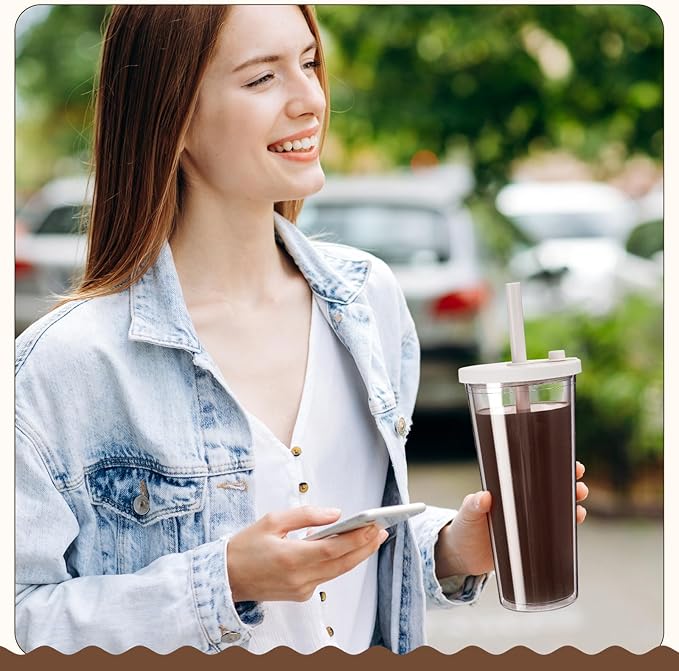 Honeydak 2 Pack 24 oz Reusable Iced Coffee Cups with Lids and Straws Leakproof Double Wall Insulated Clear Plastic Iced Coffee Tumblers with Straw Brushes