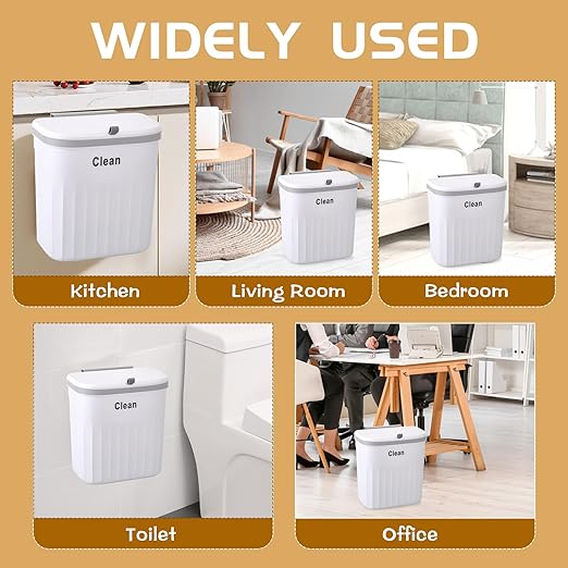 3 Pack Hanging Trash Can with Lid, 12L/3.2 Kitchen Compost Bin for Counter Top & Under Sink, Plastic Waste Basket Wall Mounted Garbage Can for Cupboard/Bathroom/Bedroom/Office/Outside (White)