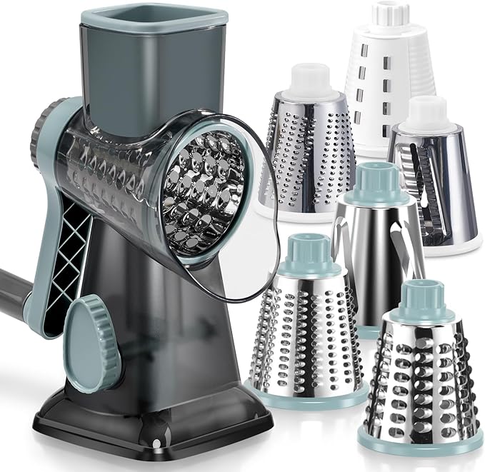 KEOUKE Rotary Cheese Grater Pro 6 in 1 - Shredder Crinkle Slicer Grinder Ice Shaver, Stable Suction, Time-saving Easy Use & Clean, Safe Morden Kitchen Tool for Cheese, Vegetable, Nuts, Chocolate