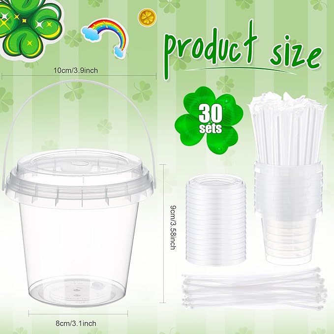 Funnymoom 30 Set St. Patrick's Day Cups 24oz Clear Plastic Rum Buckets with Lids Straws & Shamrock Stickers Disposable Pot of Gold Treat Pails Irish Green Party Favors for Adults Pub Crawl
