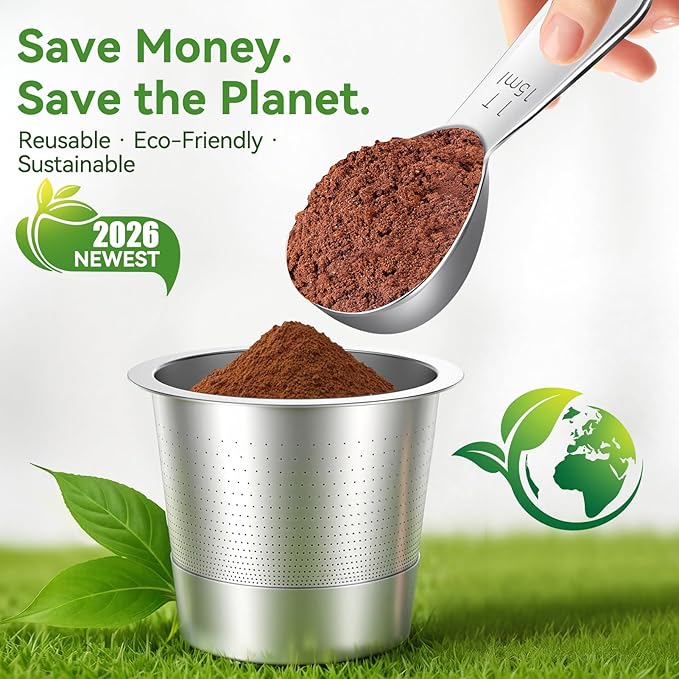 CAPMESSO Reusable K Cups for Keurig: 2026 Updated All Stainless Steel Coffee Pods with 5 Holes for Keurig K Supreme, K Slim, K Duo Gen 2 Multistream Coffee Maker with Scoop, Zero Plastic (4 Pack)