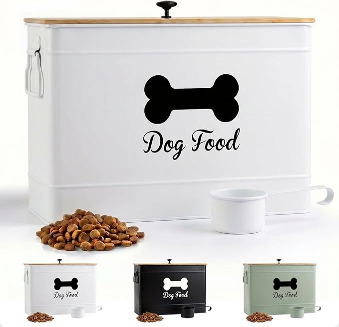 Dog Food Container Airtight 15 lb (50 Cup) Capacity with Metal Scoop - Cute Airtight Dog Food Storage Container with Bamboo Lid - White Metal Kibble Storage Bin for Dogs up to 100 lbs - Big Pet Jar