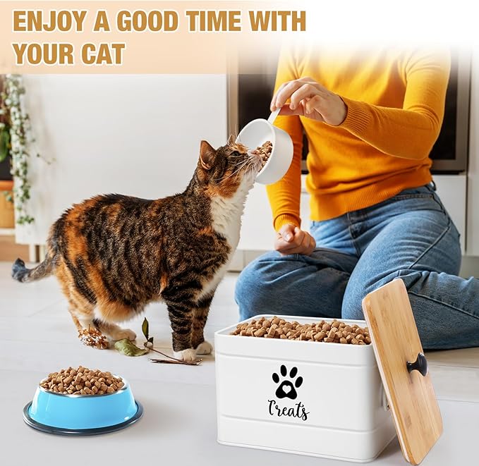 Reallnaive Extra Large Metal Cat Food Containers Airtight 12+3.5 lbs Cat Treat Snack Jars Set of 2 with Bamboo Lids and Spoons Farmhouse Big Pet Cookie Storage Jars for Kitchen Counter Gifts(White)