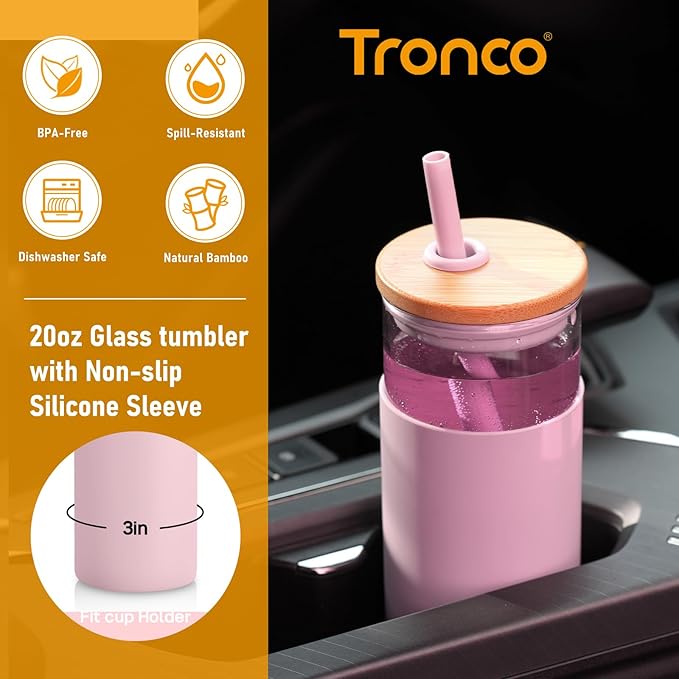 Tronco 20 oz Glass Tumbler with Lid and Straw, Iced Coffee Cup and Smoothie Cup with Bamboo Lids & Protective Silicone Sleeve, Dishwasher Safe, BPA-Free, Glass Cup 2 Pack