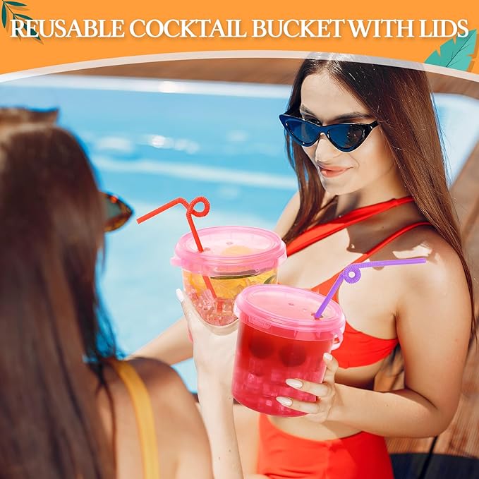 Funnymoom 16 Pack 32 oz Plastic Rum Buckets for Drinks with Straws Ice Cream Cocktail Bucket with Lids and Handles Reusable Food Containers Cup for Parties Summer Beach Bar Beer (Rose Pink)