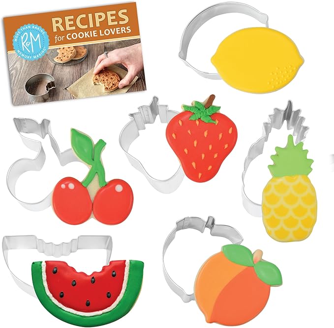 R&M Fruit Cookie Cutter 6-Piece Gift Set - Includes Lemon, Cherry, Pineapple, Watermelon, Peach, Strawberry Cookie Cutter with Recipe Card - Steel