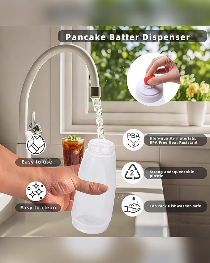 Pancake Batter Dispenser & Mixer with BlenderBall Whisk, 2-Pack 33oz Leak-Proof Squeeze Bottles with Base for Pancakes, Crepes, Waffles, Muffins & Cupcakes