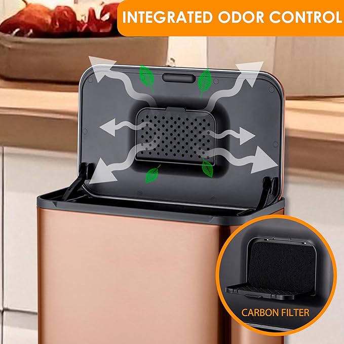 RedFactor Stainless Steel Hanging Trash Can with Lid and Inner Bucket – Slim 1.3 Gallon Odor-Free Compost Bin for Kitchen Cabinet, Countertop, Under Sink, or Bathroom (Copper)