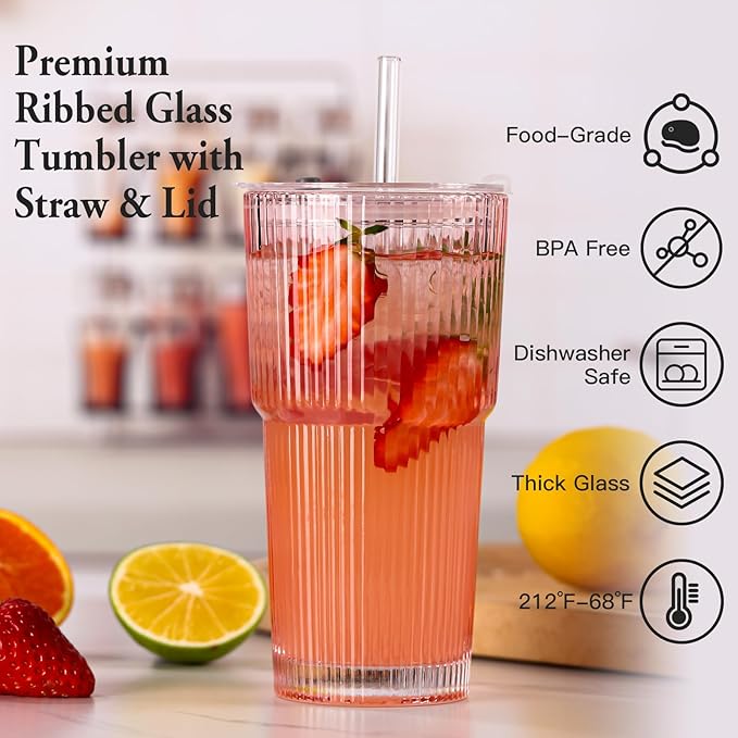 4PCS Pink Ribbed Glass Cups with Lids and Straws, 20oz Vintage Drinking Glasses, Aesthetic Iced Coffee Cups, Glass Tumbler for Boba, Beer, Tea, Cocktails, Ribbed Glassware Set,Pink