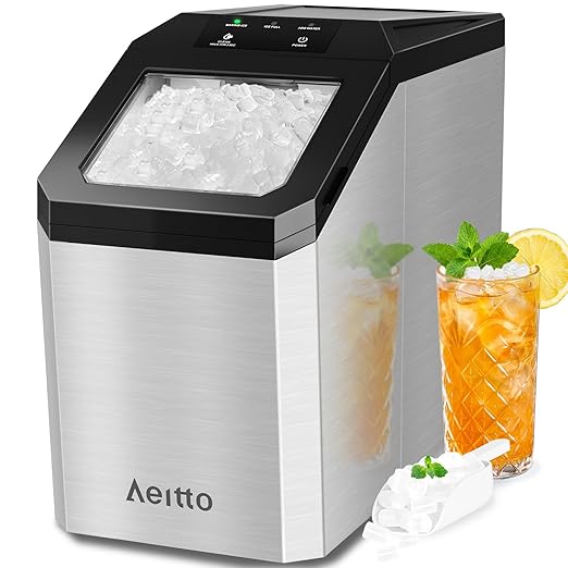 Aeitto Nugget Ice Maker Countertop, 55lbs/24H Ice Machine with 3.6L Water Tank&3.2Lbs Ice Basket, Self-Cleaning Pebble Ice Maker with Stainless Steel Housing for Home Office and Party, Silver