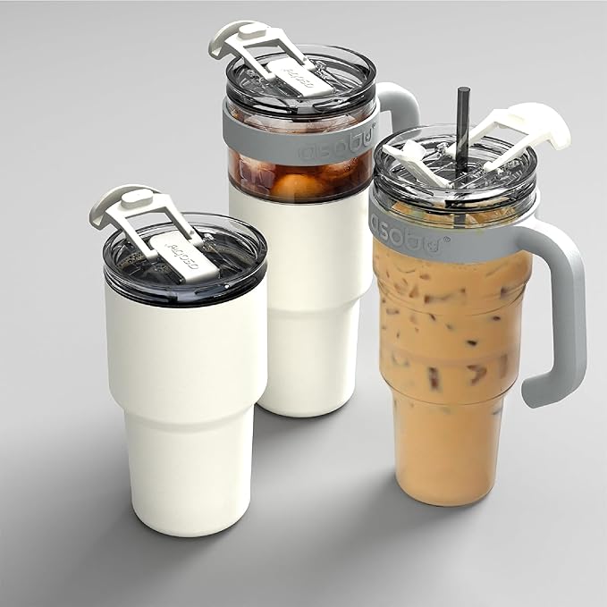 asobu Extra Large Travel Explorer Tumbler for Hot and Cold with Stainless Steel Removable Coffee Mug Sleeve - Straw and Flip Open Sip Spout, 34 oz / 25 oz (White)