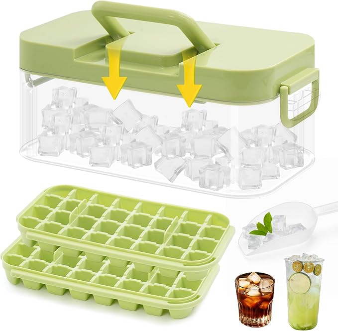 Ice Cube Mold Tray: 64 Pcs Ice Mold Trays with Lin and Bin BPA Free Ice Cubes Tray for Freezer 2 Pack Easy Release Ice Molds for Drinks Coffee