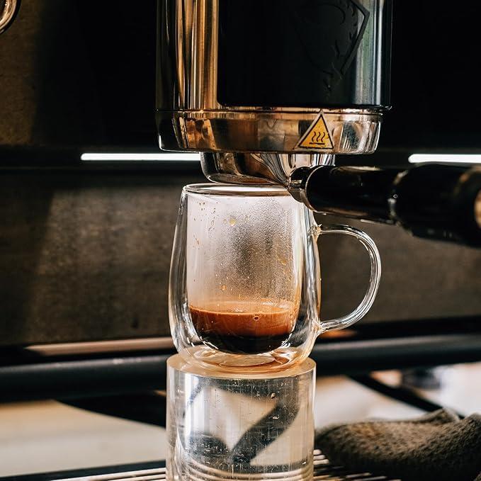 Wlasss Espresso Cups, 7.4oz/210ml Double Walled Glass Coffee Mugs Set of 4, Clear Hand Blown Insulated Glass Coffee Cups with Handle for Espresso, Cappuccino, Latte, Americano, Coffee Lovers Gift