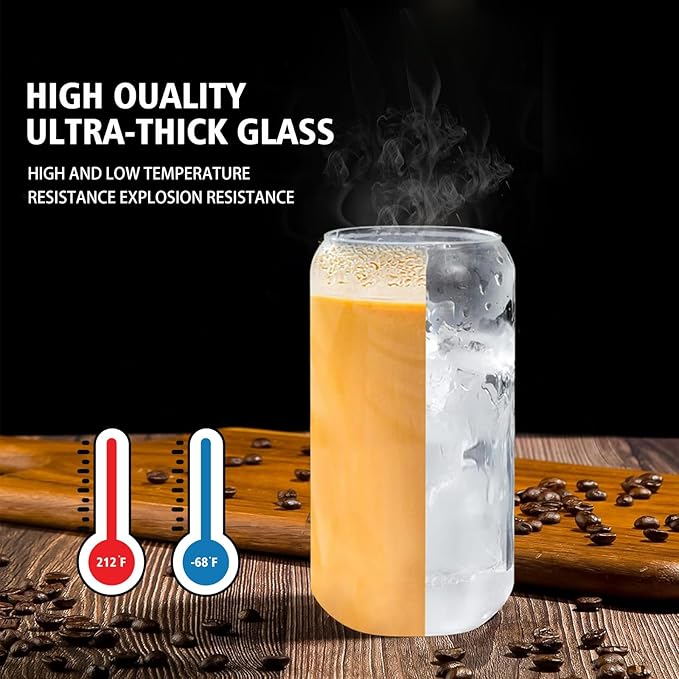 Glass Cups with Lids and Straws 2Pcs,Cute Glass Cups for Iced Coffee Smoothies Whiskey Matcha Mojito Soda,16 Oz,2 Brush