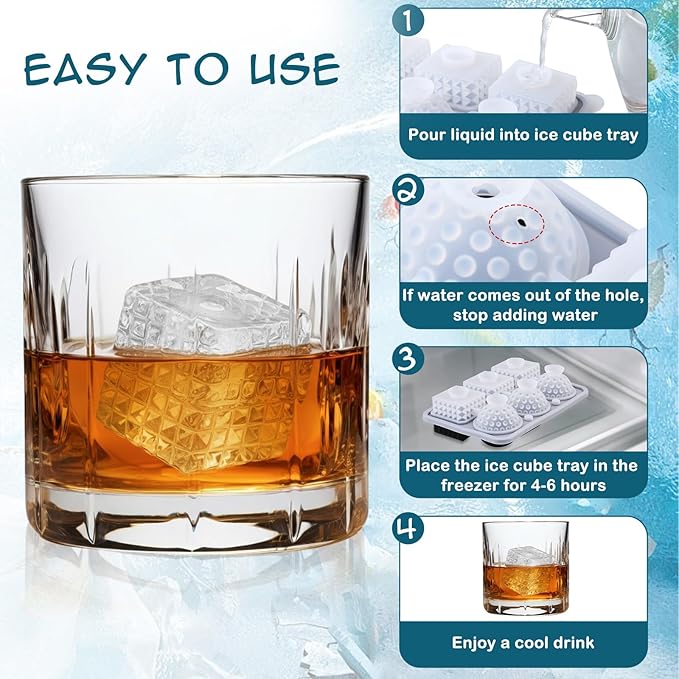 Hoolerry 2 Pcs 3D Golf Gifts Silicone Ice Cube Tray 2.2'' Fun Shape Large Silicone Ice Cube Molds 3 Big Crystal Cubes 3 Sphere Golf Mold 6 Holes with Funnel for Whiskey Cocktails Christmas Party