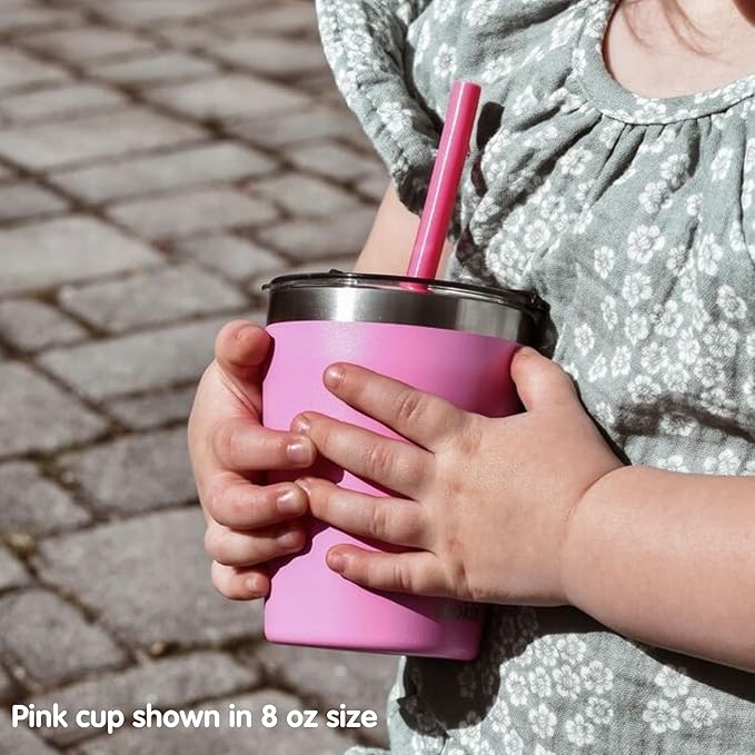 CUPKIN Toddler Tumblers, The Original 12 oz Stackable Stainless Steel Cups, Set of 2 Powder Coated Insulated Kids Water Bottle Alternative + BPA Free Lids + Reusable Silicone Straws (Green + Pink)