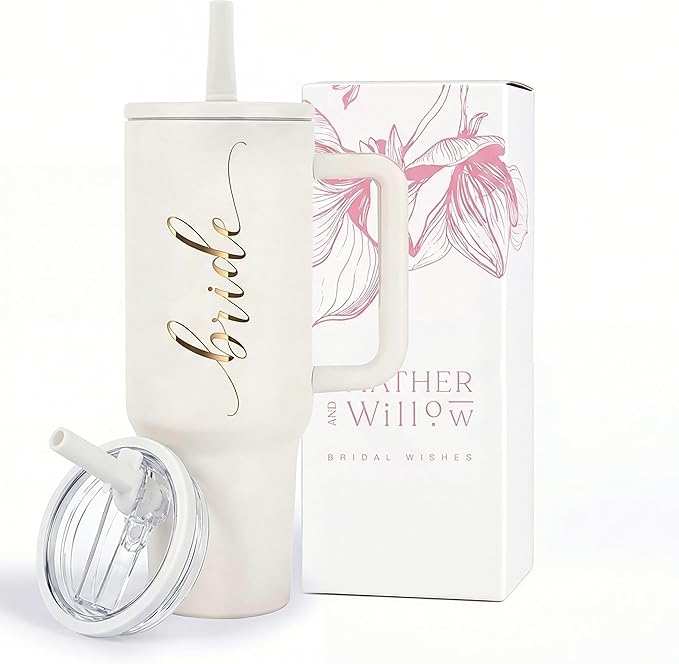 Bride to Be Coffee Tumbler with Lids and Straws | 40 oz Mason Jar Cups & Iced Coffee Cup | Bridesmaid Proposal Gifts, Bridal Shower, Bachelorette Party Supplies & Bride Tribe - Flip Straw Lid