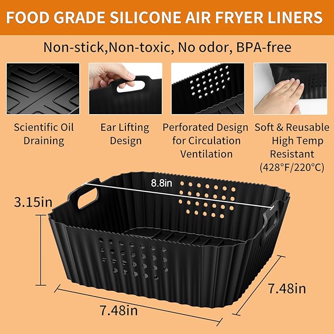 HOMELYLIFE Air Fryer Silicone Liners for Ninja AF141 AF142 5QT & AF181 6.5 QT AirFryer, Air Fryer Accessories for Cosori 5QT/6QT, 2 Pcs Reusable Square Liners for Instant 6Qt &Other 5-8QT AirFryer