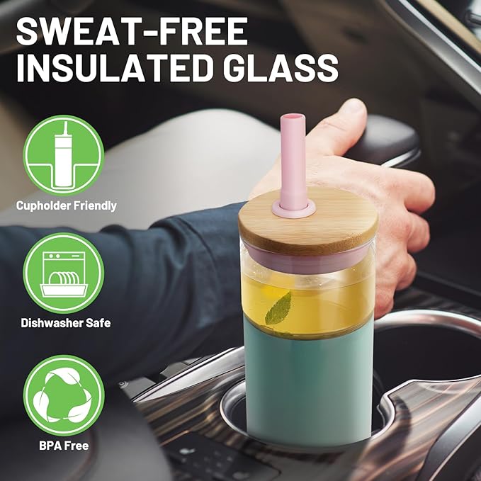 Tronco 20 oz Vacuum Insulated Glass Tumbler with Lid and Straw - Keeps Drinks Cold for 12 Hrs - Reusable Glass Cup for Iced Coffee, Smoothies & Boba - Sweat & BPA Free, Dishwasher Safe, Fit Car Holder