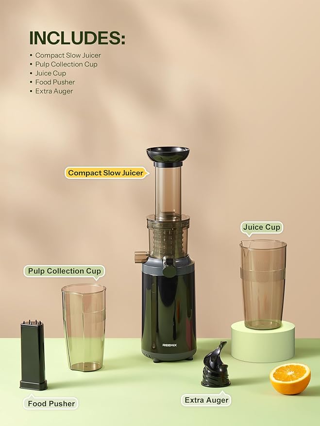 Masticating Juicer Machines, Reemix Cold Press juicer Machine Compact & Small Size, Juice Extractor, Nutrient and Vitamin Dense, BPA-Free Tritan, Easy to Clean (Black)