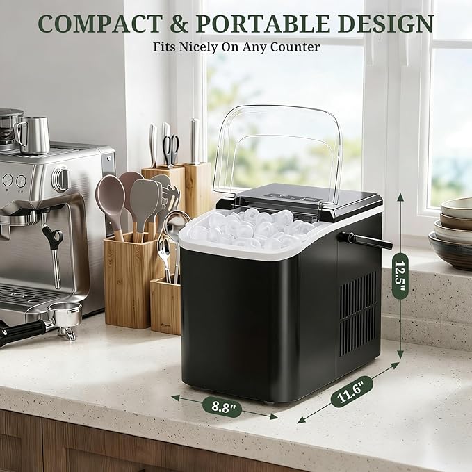 Ice Maker, Portable Ice Makers Countertop with Handle, Basket & Scoop, 26Lbs/24Hrs, 9 Bullet Ice Cubes in 6 Mins, 2 Ice Sizes, Self-Cleaning, Quiet Compact Ice Machine for Home Kitchen Party, Black