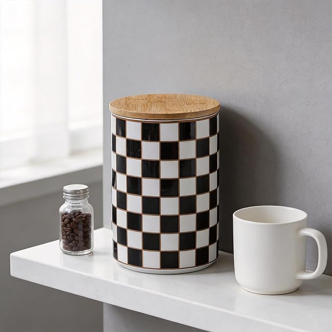 Kitchen Countertop Ceramic Checkered Canisters,Black And White Food Storage Containers With Lid,Airtight Kitchen Canisters for Flour, Sugar, Coffee, Tea, and Dry Goods (Black, XL)