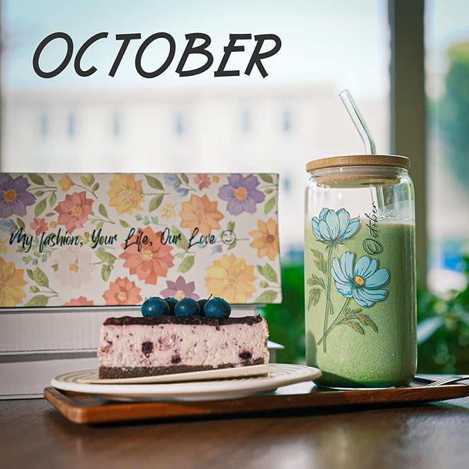 SUROQUE Birth Month Flower Iced Coffee Glass Cup 16oz Custom Tumbler Birthday Gifts Personalized Gifts for Women, Teachers, Bridesmaids, Birthdays, Mom, Valentines