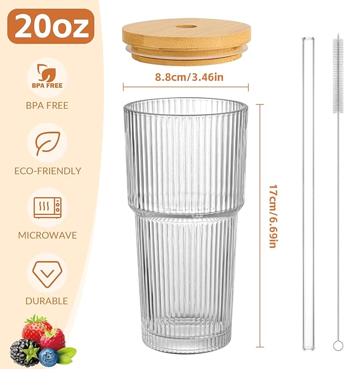 20oz Glass Cups with Lids and Straws,4PCS Ribbed Glass Coffee Cups,Iced Coffee Cups with Lid,Vintage Bamboo Tumbler for Juice,Smoothies