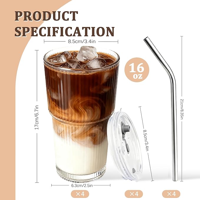 4 Packs Ribbed Glass Tumbler with Lid and Straw 16 oz Vintage Ice Coffee Cup Set Bulk Simple Modern for Smoothie Juice Matcha Tea Water Slushie Home Clear Hot Drink Glasses Boba Kitchen Glassware
