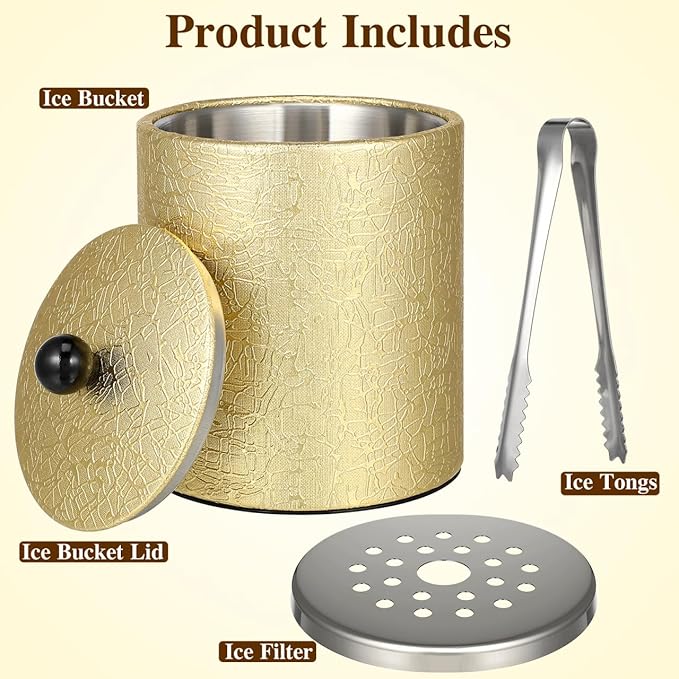 Ice Bucket with Lid 2.8L Double Wall Stainless Steel Keeps Cold Longer Easter Party, Insulated Gold Ice Bucket with Tong and Strainer for Parties Cocktail bar, Wine