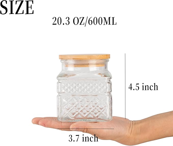 Glass Storage Canister with Airtight Lids, 20.3 FL OZ Thick Glass Candy Jar for Coffee Bean, Cocoa powder,Dog treats, Snacks Vintage Decorative Square Glass Jars for Coffee Bar Kitchen Party Counter