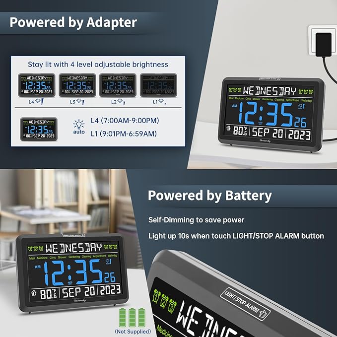 DreamSky Digital Clock with Date and Day of Week - Large Calendar Clock for Seniors Elderly, Loud Alarm Clock for Bedroom Desk, Backlight Dimmer, Adjustable Volume, USB Port, Auto DST, Battery Backup