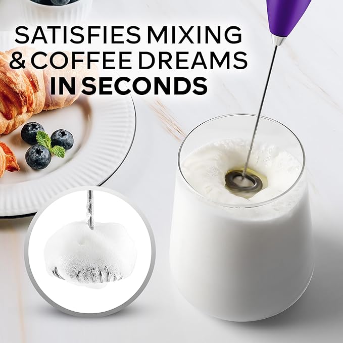 Zulay Kitchen Powerful Milk Frother Wand With 4 AA Duracell Batteries - Ultra Fast Handheld Drink Mixer - Electric Whisk Foam Maker for Coffee, Lattes, Cappuccino, Matcha & Creamer - Grape