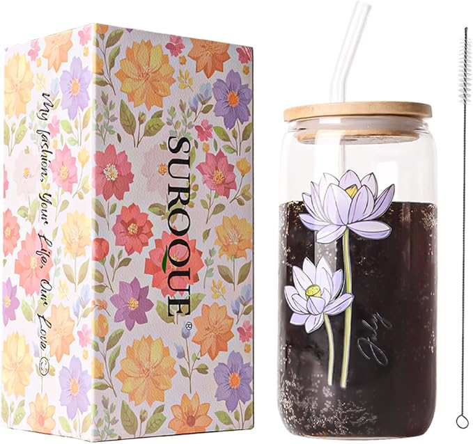 SUROQUE Birth Month Flower Iced Coffee Glass Cup 16oz Custom Tumbler Birthday Gifts Personalized Gifts for Women, Teachers, Bridesmaids, Birthdays, Mom, Valentines