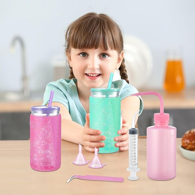 10 Pcs Snow Globe Tumbler Supplies 16oz Pre Drilled Double Wall Clear Cups Kit with Lid and Straw Squeeze Bottle Funnel Tweezer Bent Syringe for DIY Glitter Snow Globe Craft Gift (Colorful)