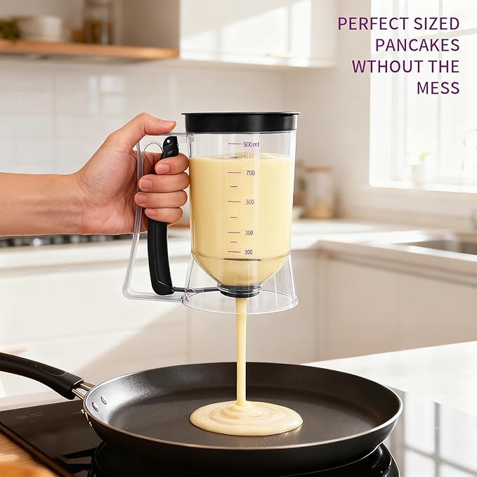 Pancake Batter Dispenser, Kitchen Must Have Tool for Perfect Pancakes, Cupcake, Waffle, Cake & Crepe, Batter Separator Maker with Measuring Label, Easy Pour Baking Supplies for Griddle (Black)