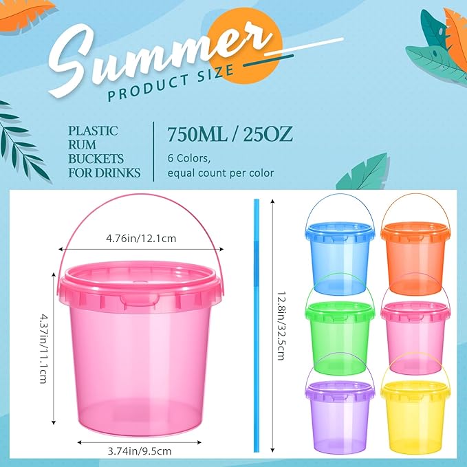 Funnymoom 60 Pack 25 oz Plastic Rum Buckets Bulks for Drinks with Straws Reusable Ice Cream Cocktail Cups Neon Party Bucket with Lids Handles Food Containers Cup for Summer Beach Bar Beer