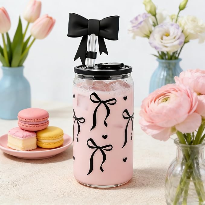 Mason Life Bow Glass Cup 18 OZ with Designs, Black Bow Cup for Preppy Stuff, Cute Tumbler with Straw Cover & Keychain for Women Teen Girls Iced Coffee, Matcha and Smoothies