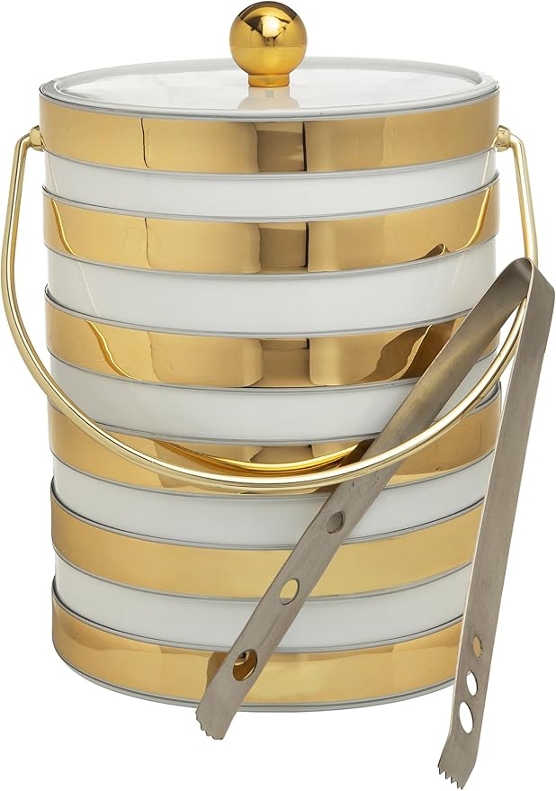 Made In USA Metallic Deco Collection Double Walled Insulated Ice Bucket With Ice Tongs (5-Quart, White & Gold Stripes)