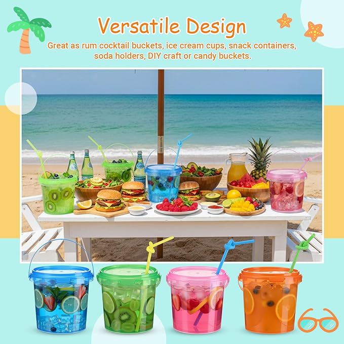 Funnymoom 24 Pack 34oz / 25oz Plastic Rum Buckets Bulks for Drinks with Straws Reusable Ice Cream Cocktail Cups Neon Party Bucket with Lids Handles Food Containers Cup for Summer Beach Bar Beer