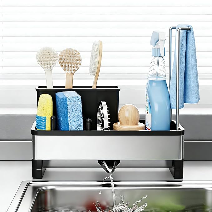 304 Stainless Steel Sink Caddy with Auto-Drain, Rustproof Sink Organizer, Sponge Holder with Removable Brush Holder & Towel Rack, Countertop Storage for Dish Soap Dispenser, Kitchen Sink Accessories