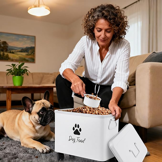 Dog Food Container 13lb, Cute Airtight Pet Food Storage Containers with Metal Lid Scoop, Black Metal Storage Bin for Dog/Cat with Wheels,Easy to Move White