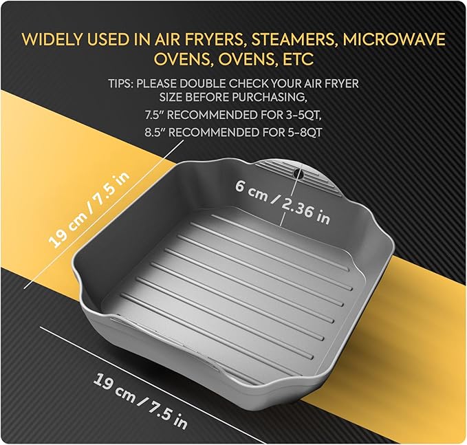 Reusable Silicone Air Fryer Liners Set, 7.5" Square Liners for 4-7QT Air Fryer Tray Baking Oven, Handles & Holes, by Zip Standing